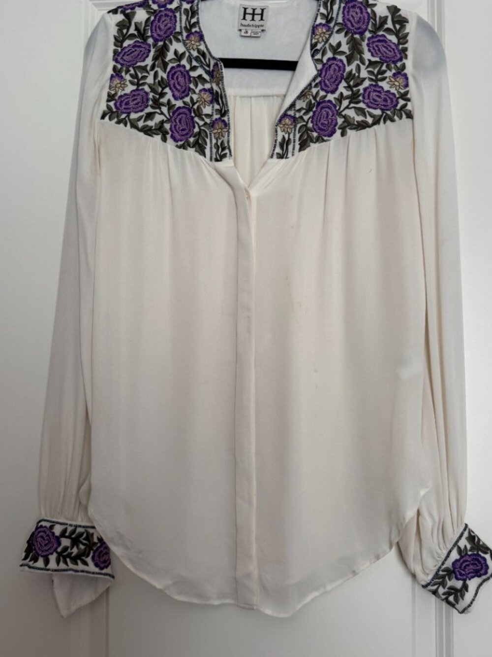 Haute Hippie Cream Purple Floral Embroidered Silk Blouse XS — As Is - Picture 6 of 14